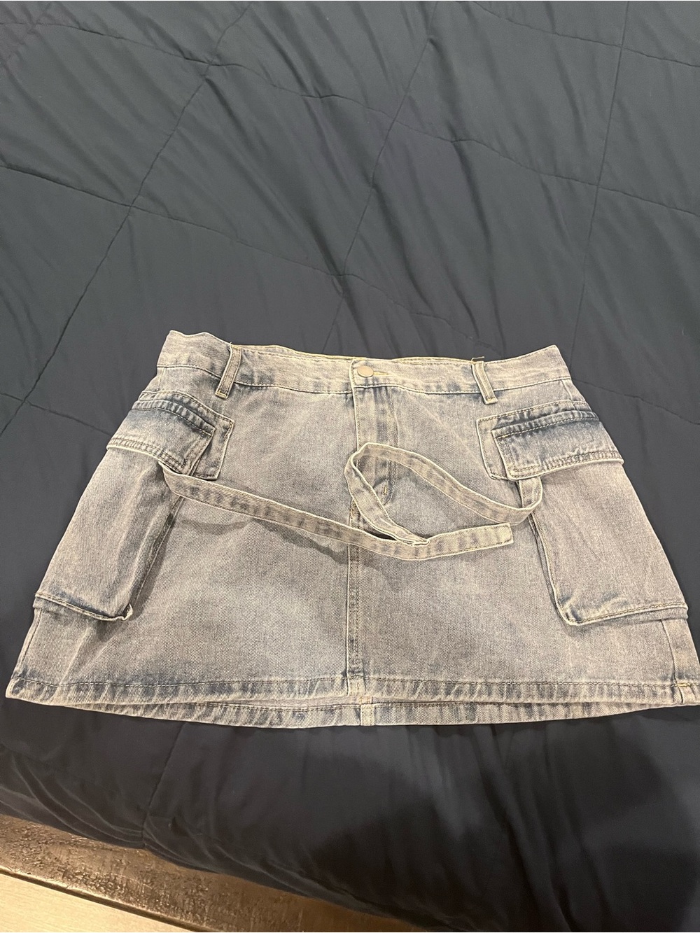 Women's Washed Gray Denim Mini Skirt with Utility Pockets